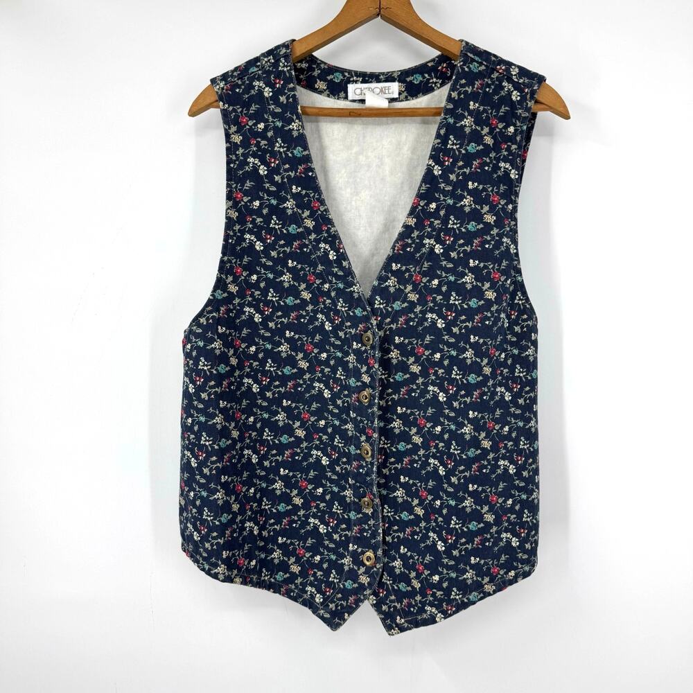 VTG Cherokee Floral Vest Size M Blue Boho Bohemian Cottagecore Western 90s